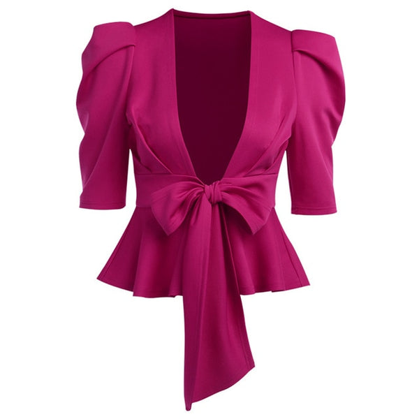 Women Sexy V-neck Half Sleeve Ruffle Hem Pleated Puff Sleeve Autumn Belted Elegant Blouse