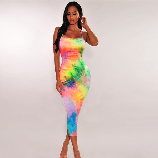 Women's Tye-Dye Backless Spring Summer Fashion Bodycon Long Dress