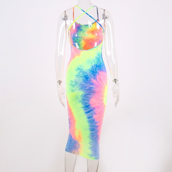 Women's Tye-Dye Backless Spring Summer Fashion Bodycon Long Dress