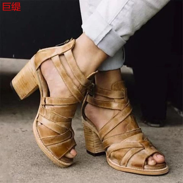 Women's Leather Platform Open Toe Ankle Casual Shoes Sandals