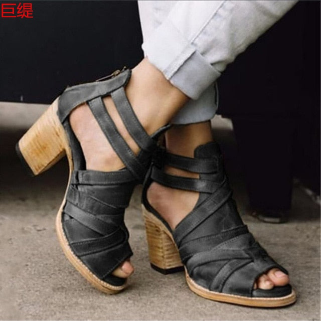 Women's Leather Platform Open Toe Ankle Casual Shoes Sandals