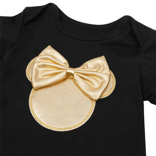 Baby Girl Clothing Sets Black Cotton Rompers + Golden Ruffle Bloomers Shorts +Shoes +Headband Infant Newborn Clothes