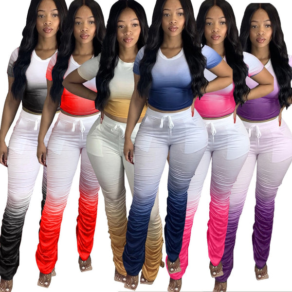 Women Two Pieces Short Sleeve Top Flared Pants 2 Piece Set