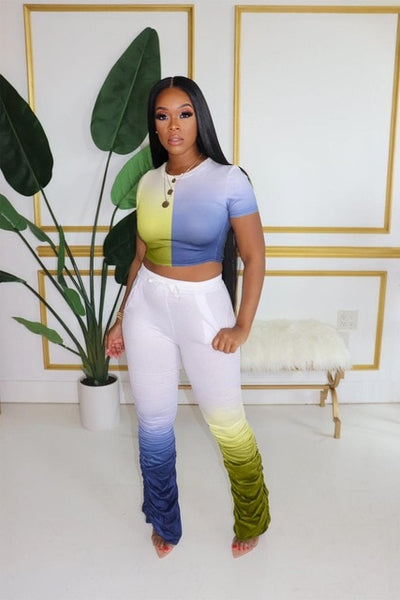 Women Two Pieces Short Sleeve Top Flared Pants 2 Piece Set