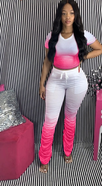 Women Two Pieces Short Sleeve Top Flared Pants 2 Piece Set