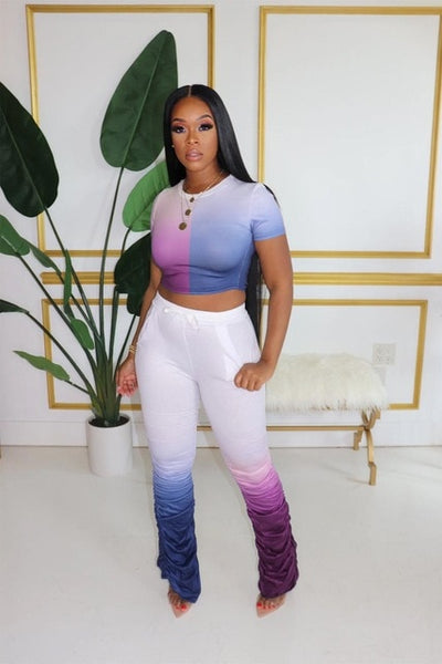 Women Two Pieces Short Sleeve Top Flared Pants 2 Piece Set