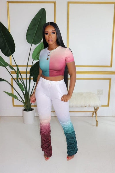 Women Two Pieces Short Sleeve Top Flared Pants 2 Piece Set