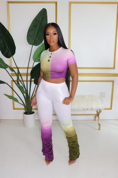 Women Two Pieces Short Sleeve Top Flared Pants 2 Piece Set