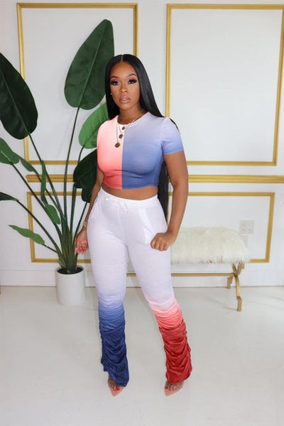 Women Two Pieces Short Sleeve Top Flared Pants 2 Piece Set