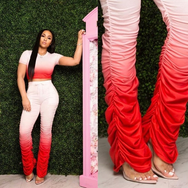 Women Two Pieces Short Sleeve Top Flared Pants 2 Piece Set