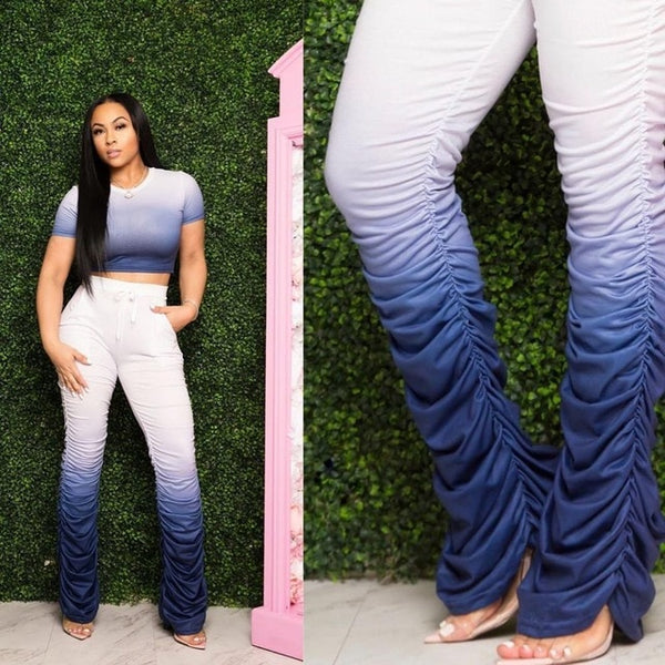 Women Two Pieces Short Sleeve Top Flared Pants 2 Piece Set
