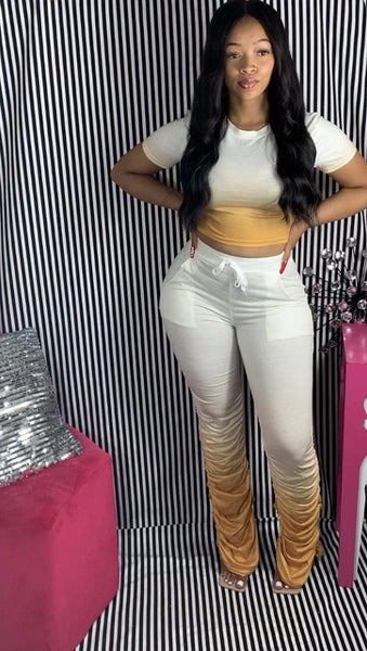 Women Two Pieces Short Sleeve Top Flared Pants 2 Piece Set