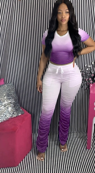 Women Two Pieces Short Sleeve Top Flared Pants 2 Piece Set