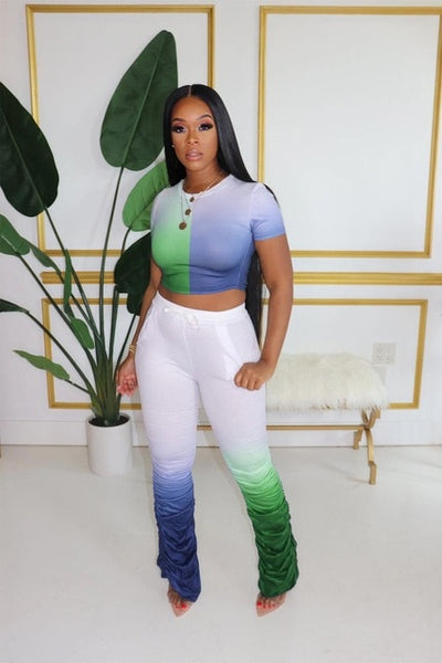 Women Two Pieces Short Sleeve Top Flared Pants 2 Piece Set