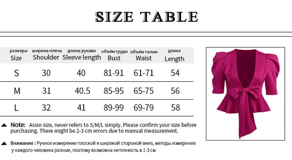 Women Sexy V-neck Half Sleeve Ruffle Hem Pleated Puff Sleeve Autumn Belted Elegant Blouse