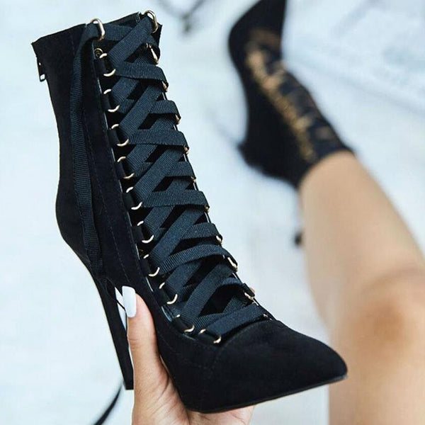 High Quality Gladiator High Heels Women Pumps Stiletto Sandal Booties Pointed Toe Strappy Lace Up Pumps Shoes Woman Boots