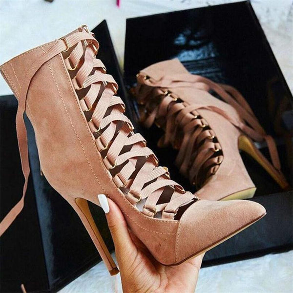 High Quality Gladiator High Heels Women Pumps Stiletto Sandal Booties Pointed Toe Strappy Lace Up Pumps Shoes Woman Boots