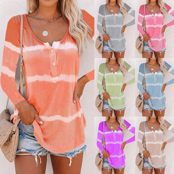 Women Tye Dye Stripe Long Sleeves Round Neck Shirts