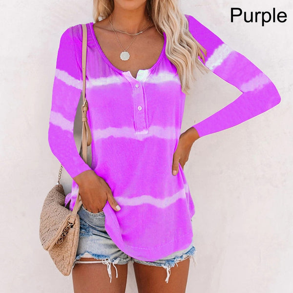 Women Tye Dye Stripe Long Sleeves Round Neck Shirts
