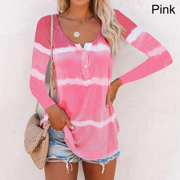 Women Tye Dye Stripe Long Sleeves Round Neck Shirts