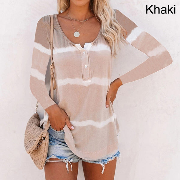 Women Tye Dye Stripe Long Sleeves Round Neck Shirts