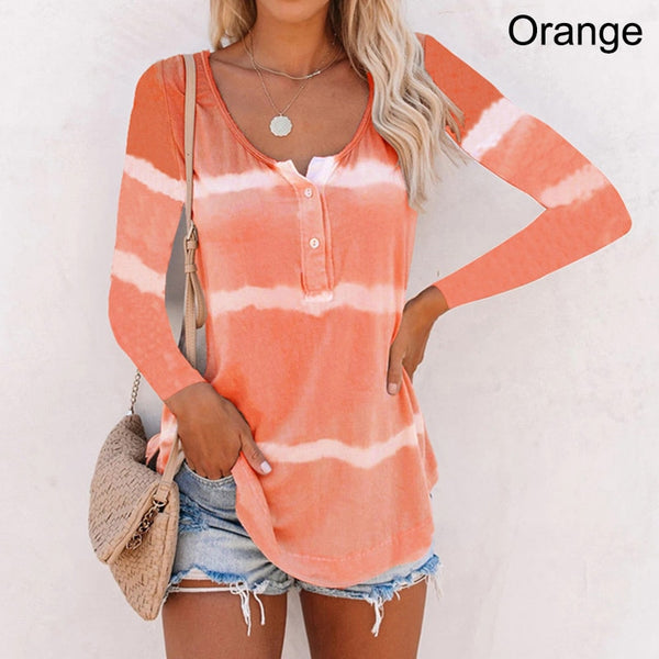 Women Tye Dye Stripe Long Sleeves Round Neck Shirts