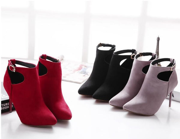 New Fashion Women Buckle Pointed Toe High Heels Ankle Boots Winter Party Short Boots Shoes