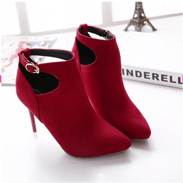 New Fashion Women Buckle Pointed Toe High Heels Ankle Boots Winter Party Short Boots Shoes