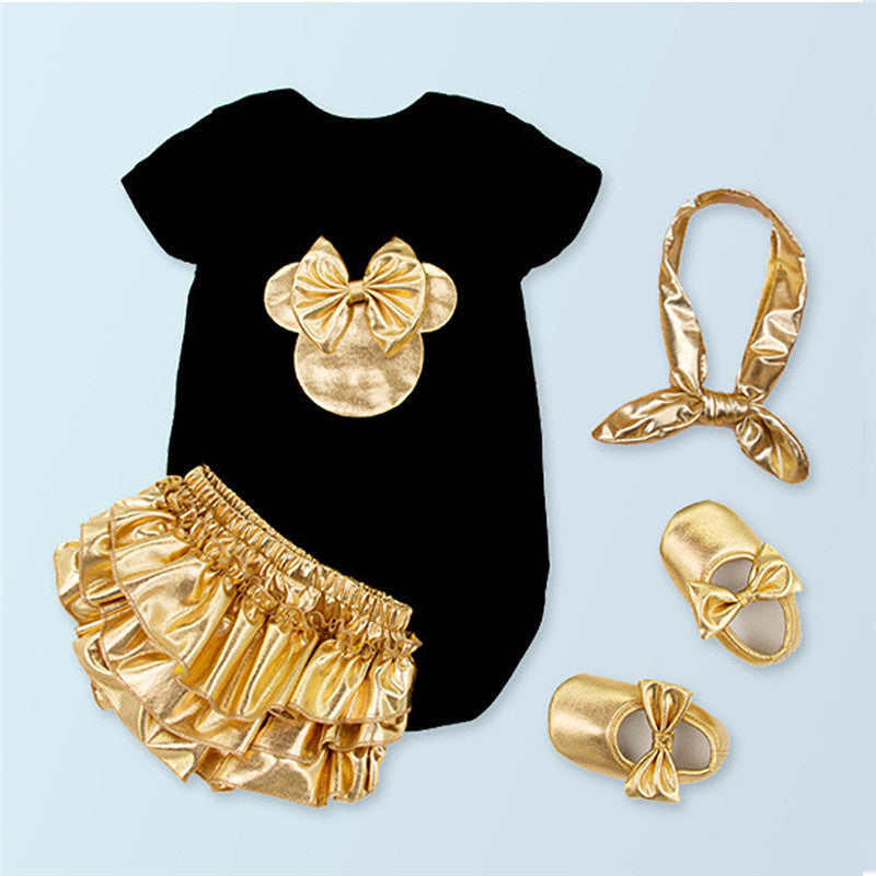 Baby Girl Clothing Sets Black Cotton Rompers + Golden Ruffle Bloomers Shorts +Shoes +Headband Infant Newborn Clothes