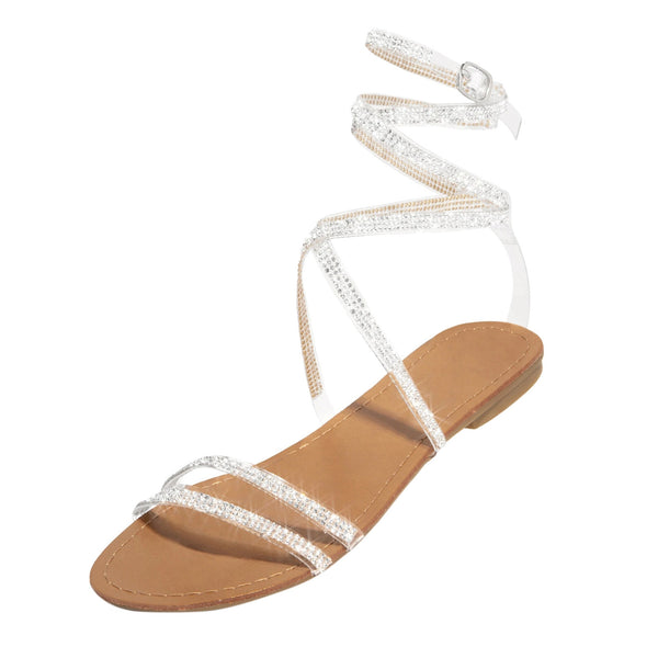 Women Retro Rhinestone Flat Bling Crystal Ankle Strap Sandals