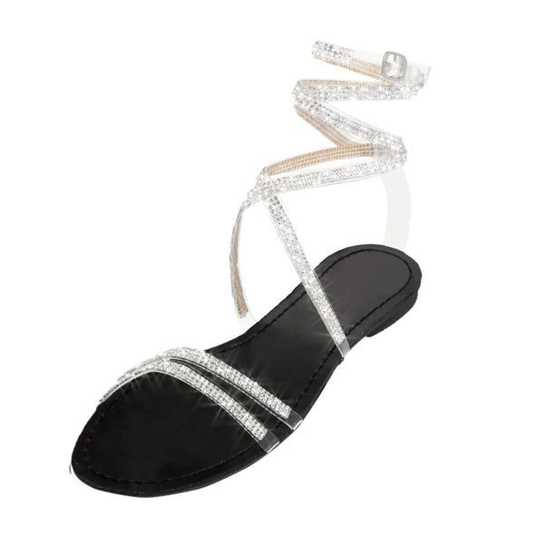 Women Retro Rhinestone Flat Bling Crystal Ankle Strap Sandals