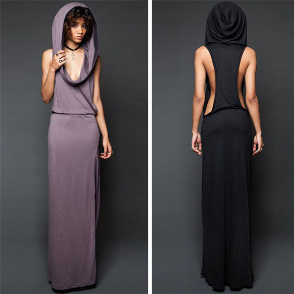 Hot Maxi Dress Women New Design Sexy Spring Hooded Sleeveless Backless Split Summer Dress