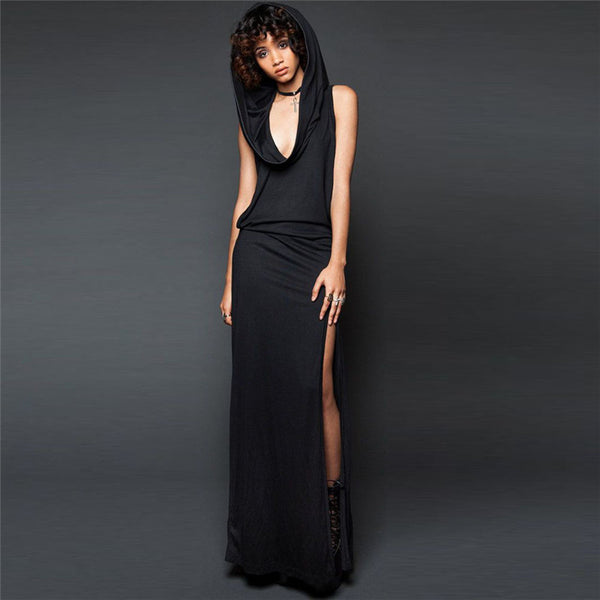 Hot Maxi Dress Women New Design Sexy Spring Hooded Sleeveless Backless Split Summer Dress