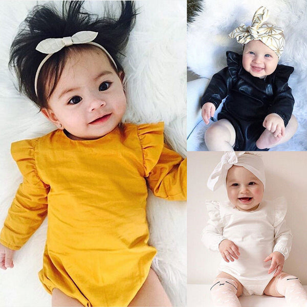 Long Sleeve Solid Color Ruffles Sleeve Baby Kids Rompers Kids Home Wear Sleep Wear Basic Clothing For Kids