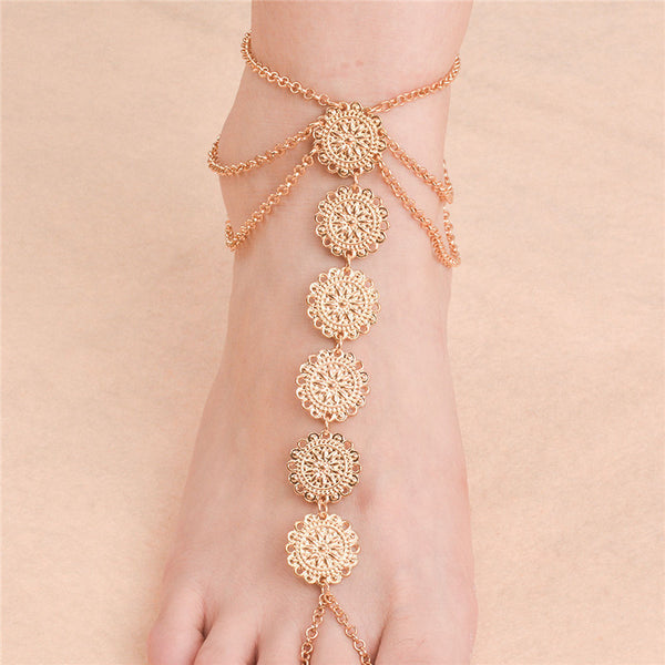 Hot Summer Vintage Ankle Bracelet Round Carving Flower Coins Anklet Barefoot Sandals Foot Jewelry Anklets For Women To Beach