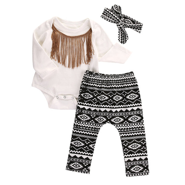 Cute Baby Girls Clothes Set 0-18M Newborn Infant Baby Cotton Tassel Bodysuit Romper Pant Headwear 3pcs Outfit Kids Clothing