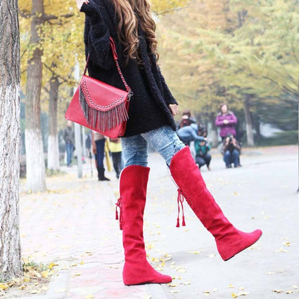 Womens Thigh High Boots Stretch Over The Knee Suede Leather Boots Flat Heels Shoes Woman Winter Boots