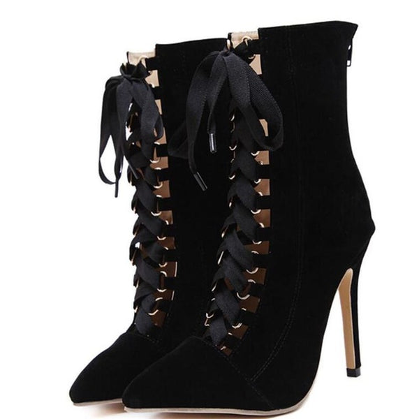 High Quality Gladiator High Heels Women Pumps Stiletto Sandal Booties Pointed Toe Strappy Lace Up Pumps Shoes Woman Boots