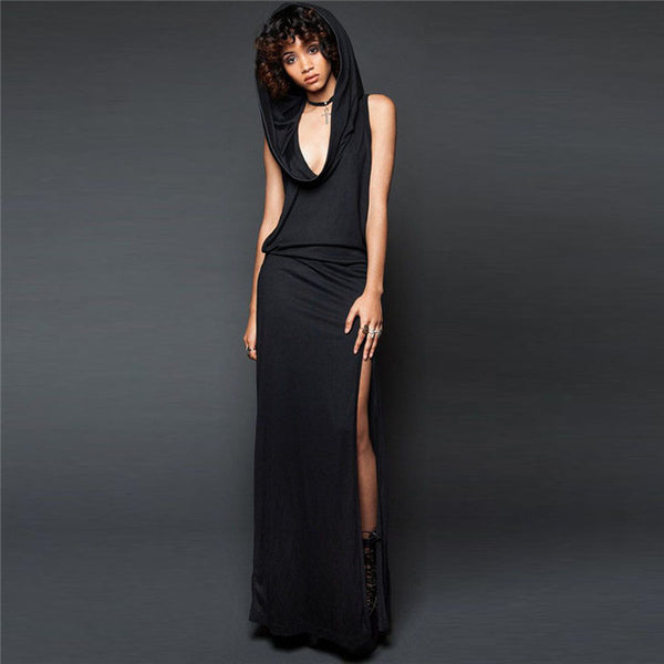 Hot Maxi Dress Women New Design Sexy Spring Hooded Sleeveless Backless Split Summer Dress