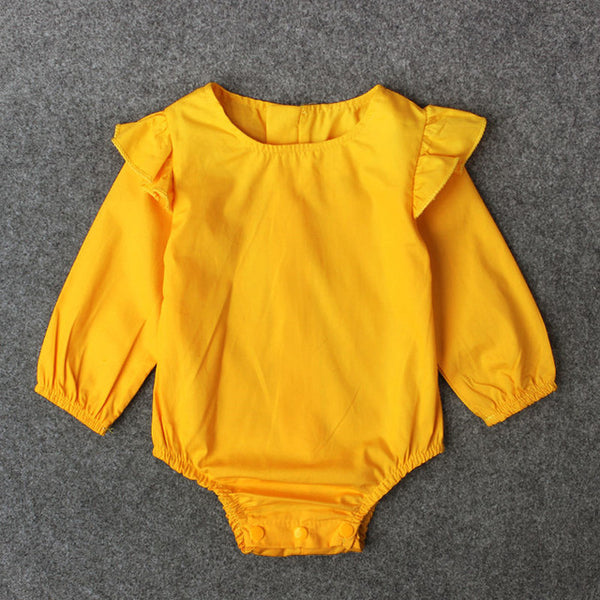 Long Sleeve Solid Color Ruffles Sleeve Baby Kids Rompers Kids Home Wear Sleep Wear Basic Clothing For Kids