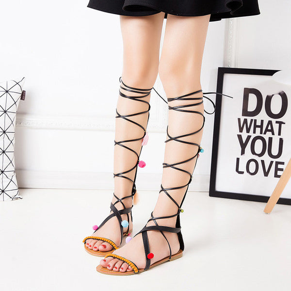 New 2017 Shoes Women Sandals Lace Up Sexy Knee High Gladiator Sandal Boots