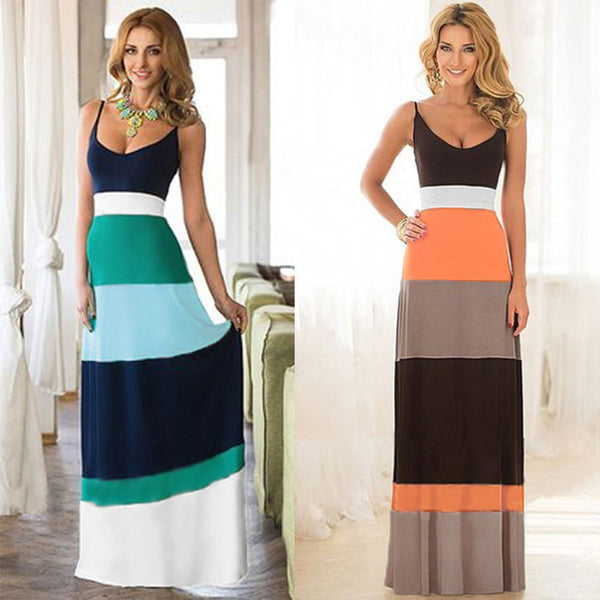 Fashion Summer Beach Sexy Women Striped Long Sleeveless Maxi Sundress