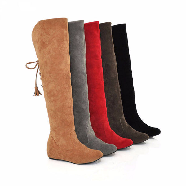 Womens Thigh High Boots Stretch Over The Knee Suede Leather Boots Flat Heels Shoes Woman Winter Boots