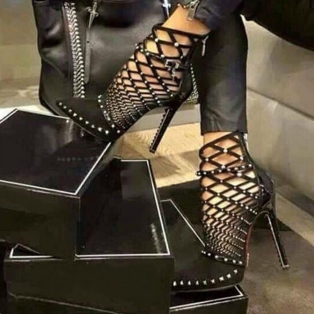 Gladiator Roman Sandals Summer Rivets Studded Cut Out Caged Ankle Boots Stiletto High Heel Women Sexy Shoes Party Bootie
