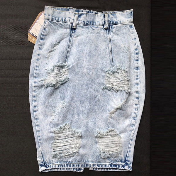 Back Split Sexy Women Ripped Jeans Skirts Denim Bodycon Skirt