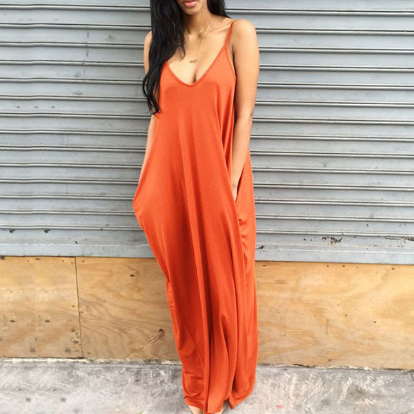 Deep V Shoulder Strap Women Summer Loose Long Maxi Party Dresses