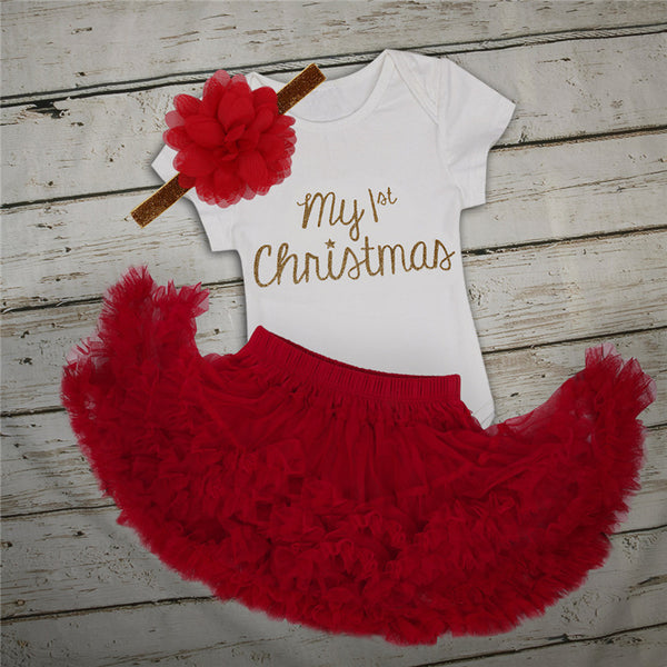 Newborn Red Flower Layers Skirt With Elastic Waistband My 1st Christmas New Year Outfits Romper Jumpsuit with Tutu Skirt dress