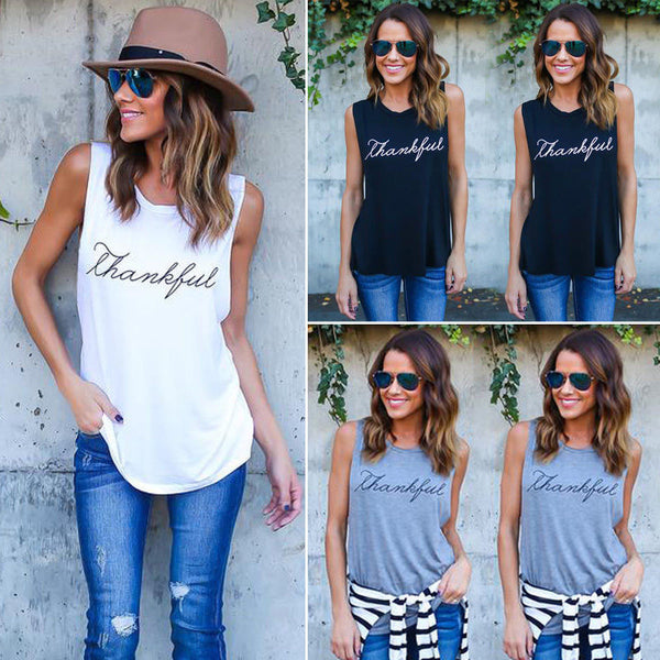 Fashion Letter Print Thankful Jersey Women Tank Tops Sleeveless Plus Size Loose Knitwear
