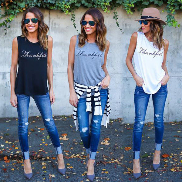 Fashion Letter Print Thankful Jersey Women Tank Tops Sleeveless Plus Size Loose Knitwear