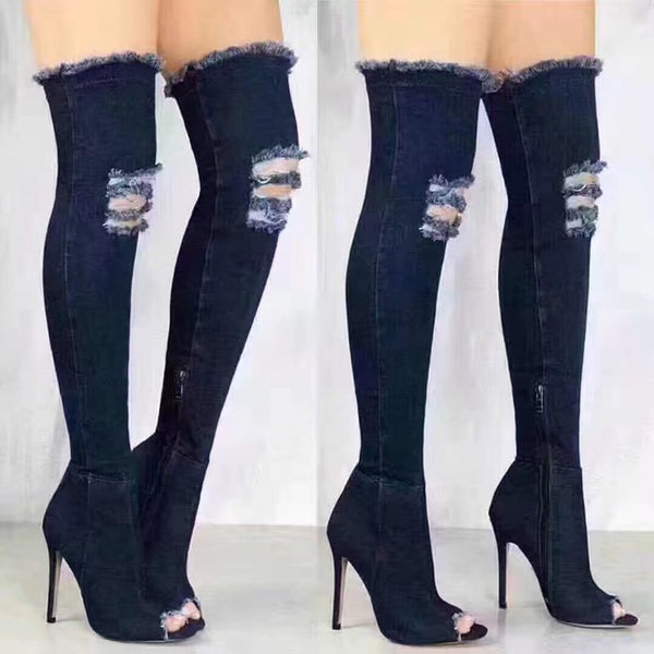 2017 Hot Women Boots Summer Autumn Peep Toe Over The Knee Boots Quality High Elastic Jeans Fashion Boots High Heels